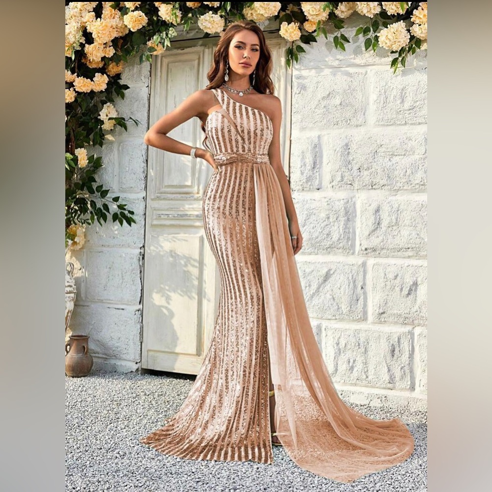 One Shoulder Draped Side Sequin Formal Dress Sise 6